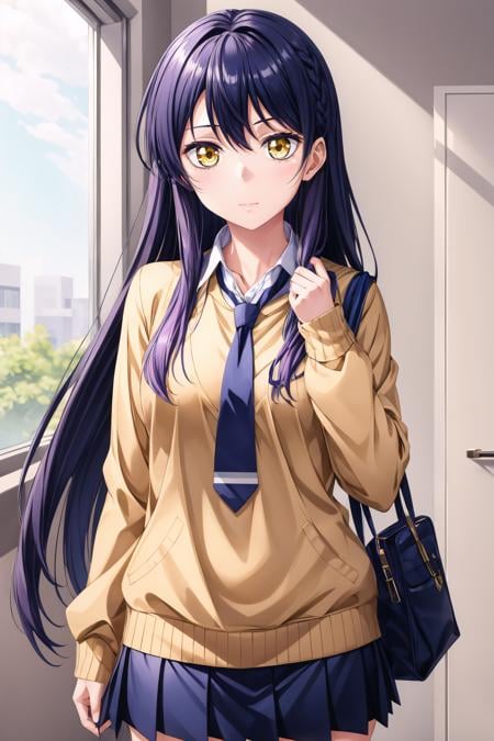 (masterpiece, best quality), <lora:miko yotsuya:0.8> miko yotsuya, yellow eyes, black hair, multicolored hair, long hair, blue pleated skirt, beige sweater, blue necktie,<lora:add_detail:0.8>,  