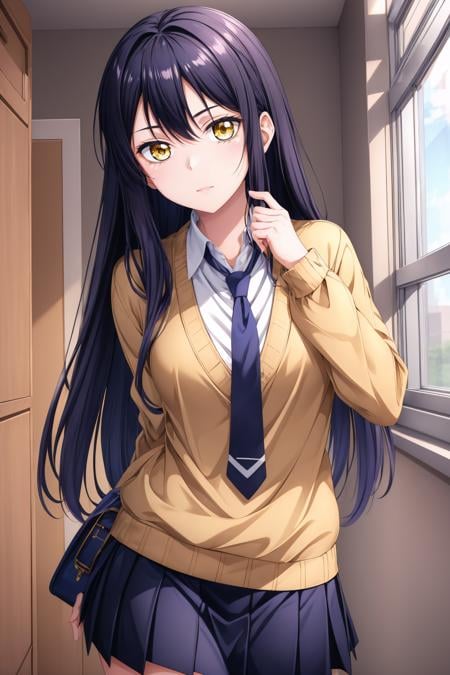 (masterpiece, best quality), <lora:miko yotsuya:0.8> miko yotsuya, yellow eyes, black hair, multicolored hair, long hair, blue pleated skirt, beige sweater, blue necktie,<lora:add_detail:0.8>,  