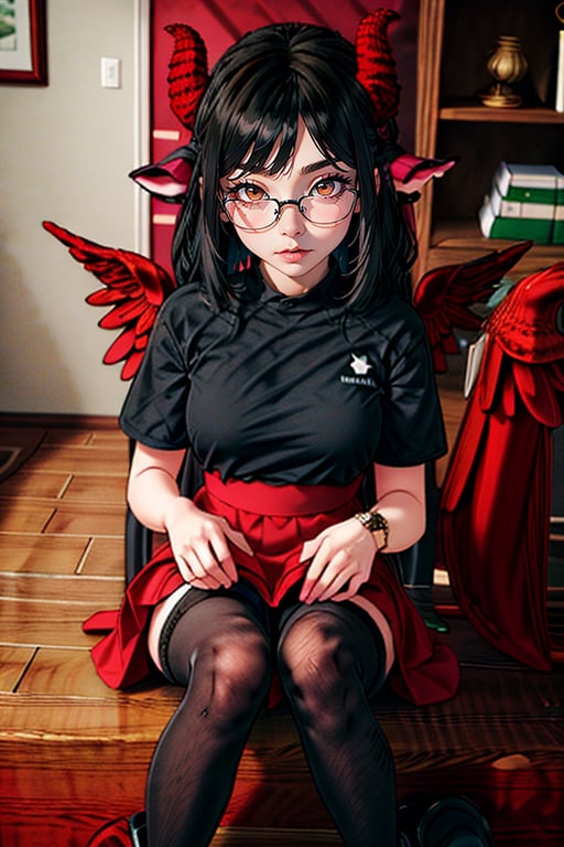 more detail XL, very detailed bj_ angel, high quality, masterpiece, (medium long short), 1 girl, jet black hair, orange eyes, skirt, long shirt, black goat ears, closed mouth, short sleeves, pantyhose, wings, goat horns, shoes, red skirt, medium hair, feathered wings, straight, Aluki,aluki, glasses, demon girl,