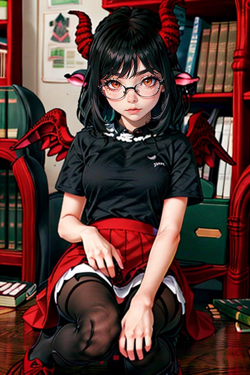 more detail XL, very detailed bj_ angel, high quality, masterpiece, (medium long short), 1 girl, jet black hair, orange eyes, skirt, long shirt, black goat ears, closed mouth, short sleeves, pantyhose, wings, goat horns, shoes, red skirt, medium hair, feathered wings, straight, Aluki,aluki, glasses, demon girl, library