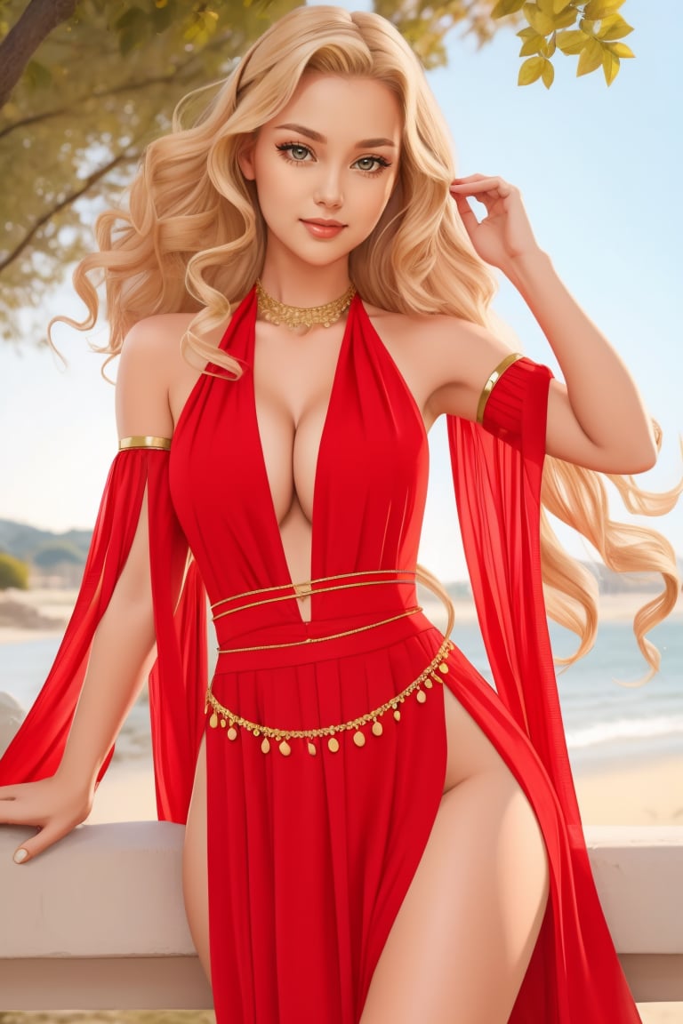 portrait, adult, woman, long blonde wavy victory roll hair, wearing HUD_Rd_BllyDncr, red chiffon halter dress, detached sleeves, coin necklace, coin belt, <lora:Bellydancer:0.75> , under tree, sunny day