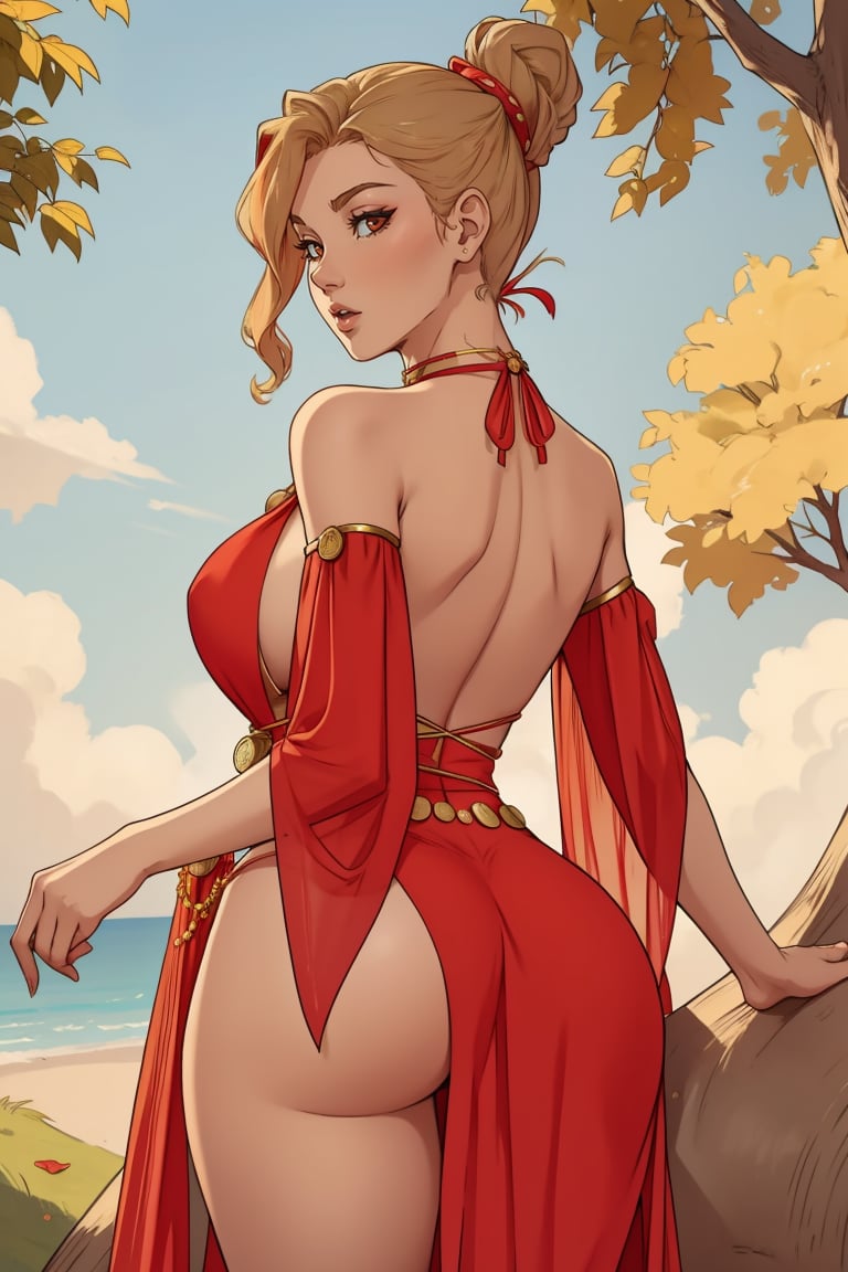 from behind, ass, pussy, portrait, adult, woman, Ballerina Bun, wearing HUD_Rd_BllyDncr, red chiffon halter dress, detached sleeves, coin necklace, coin belt, <lora:Bellydancer:0.75> ,  naked breasts, nipples, :o, under tree, sunny day