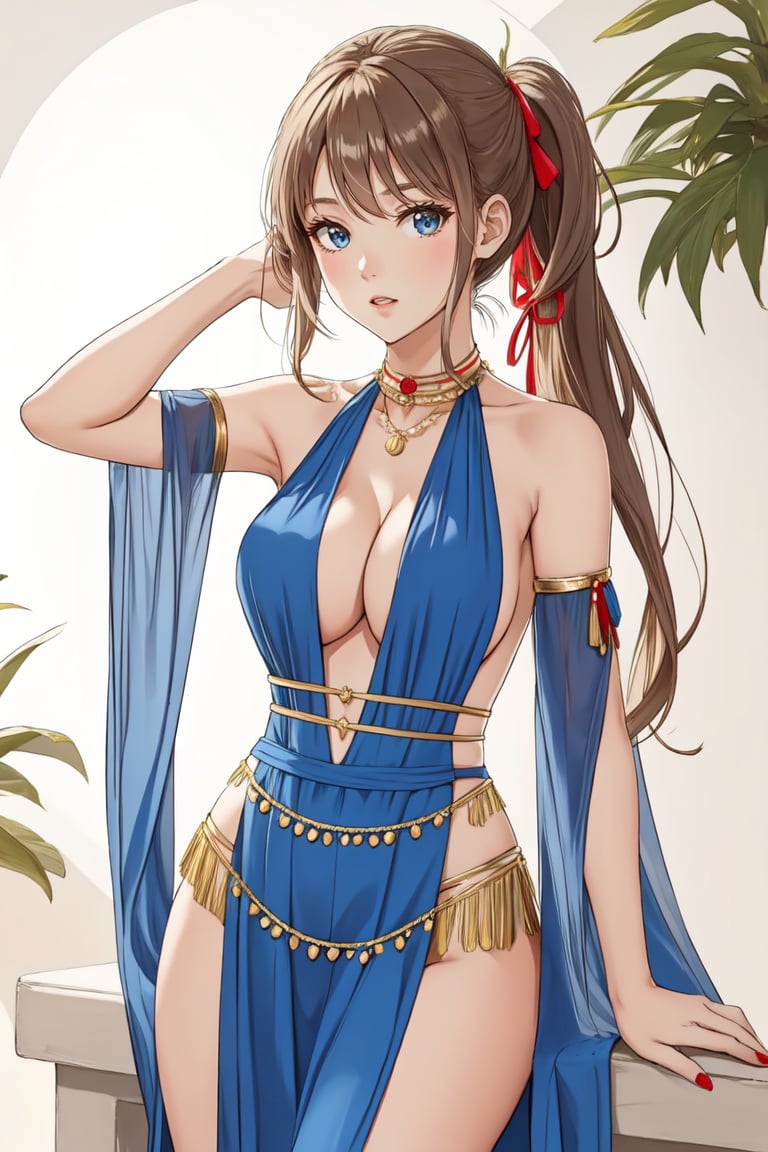 portrait, adult, woman, Knotted Low Ponytail with Bangs, wearing HUD_Rd_BllyDncr, blue chiffon halter dress, detached sleeves, coin necklace, coin belt, <lora:Bellydancer:0.65> ,  naked breasts, nipples, :o, under tree, sunny day