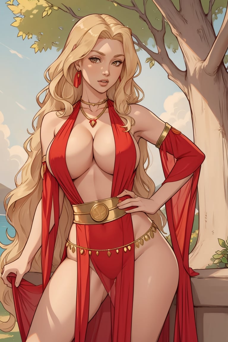 portrait, adult, woman, long blonde wavy victory roll hair, wearing HUD_Rd_BllyDncr, red chiffon halter dress, detached sleeves, coin necklace, coin belt, <lora:Bellydancer:0.75> , nipple slip, :o, under tree, sunny day