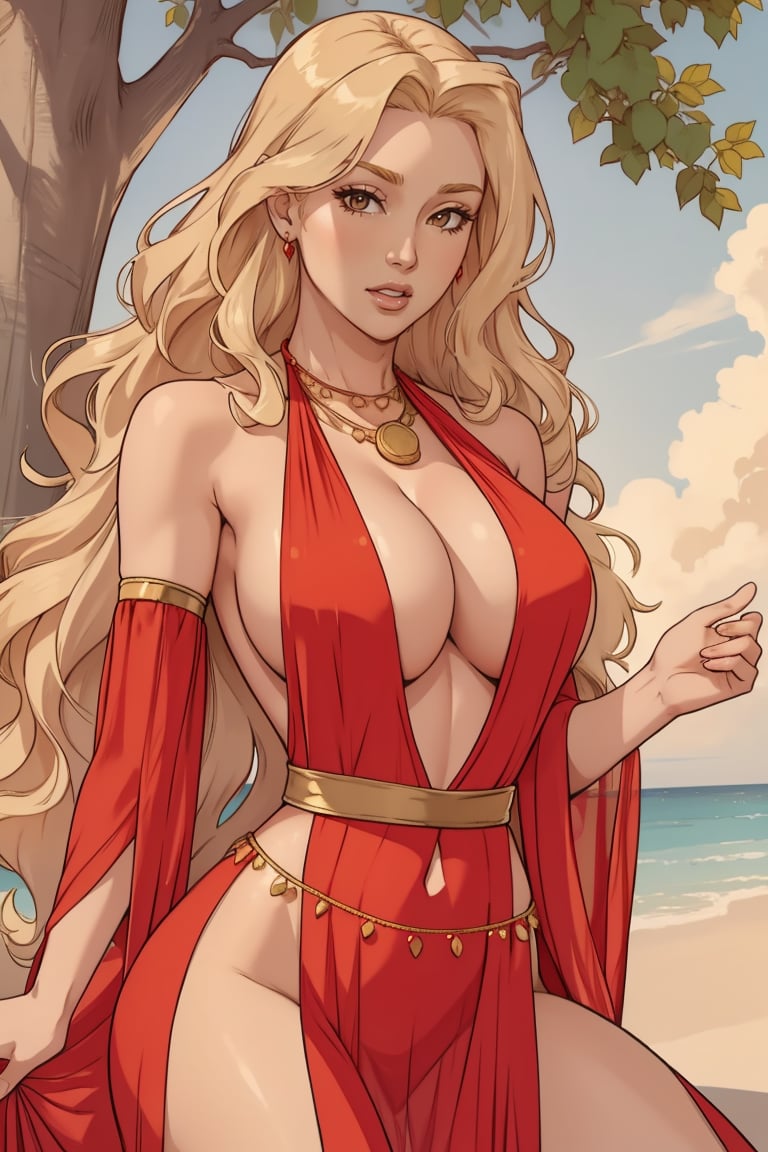 portrait, adult, woman, long blonde wavy victory roll hair, wearing HUD_Rd_BllyDncr, red chiffon halter dress, detached sleeves, coin necklace, coin belt, <lora:Bellydancer:0.75> , nipple slip, :o, under tree, sunny day