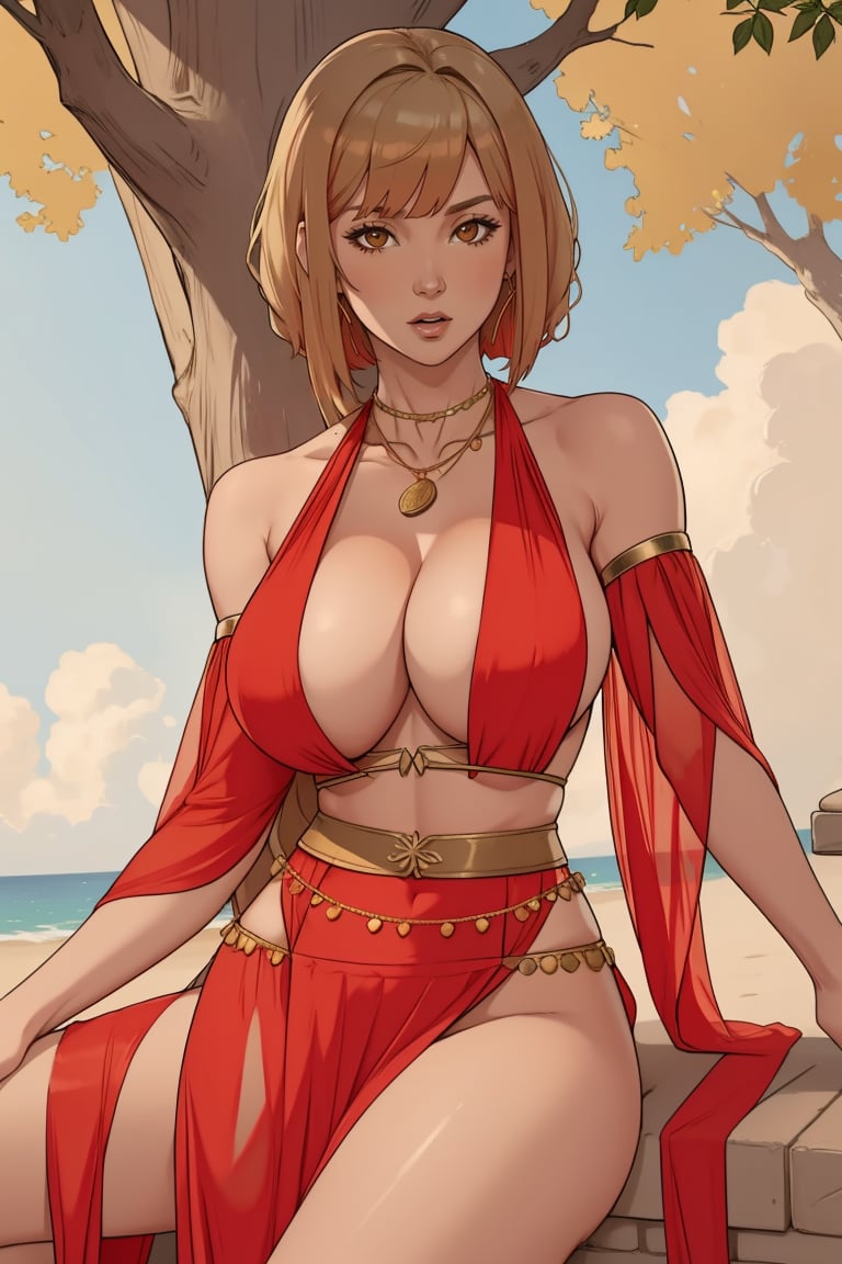 portrait, adult, woman, Short Shaggy Bob with Bangs, wearing HUD_Rd_BllyDncr, red chiffon halter dress, detached sleeves, coin necklace, coin belt, <lora:Bellydancer:0.75> ,  exposed breasts, nipples, :o, under tree, sunny day