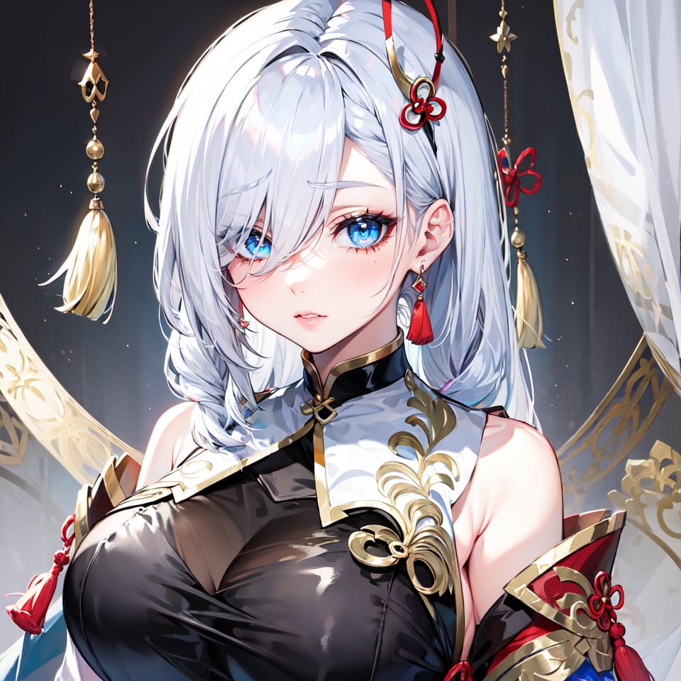 best quality, masterpiece, highres, solo, {shenhe_genshin:1.15}, long_hair, blue_eyes, bangs, hair_over_one_eye, breasts, hair_ornament, large_breasts, jewelry, grey_hair, white_hair, tassel, earrings, very_long_hair, braid, breast_curtain, 1girl, looking_at_viewer, bare_shoulders, portrait, parted_lips, tassel_earrings