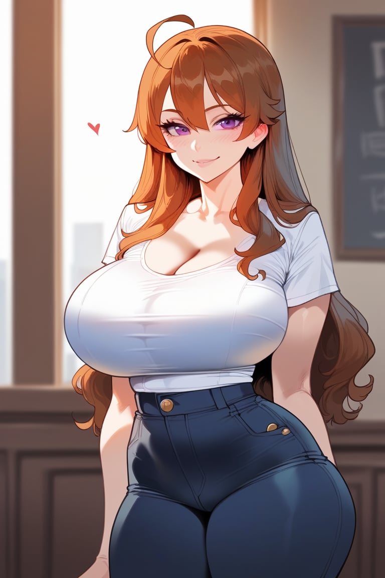 score_9, score_8_up, score_7_up, score_6_up, score_5_up, score_4_up, cowboy shot, long hair, physical Appearance: Sakura's slim physique, coupled with her unusually huge breasts, often gives an inaccurate impression of her size. Comparable in volume to a melon, her huge breasts are instantly noticeable, presenting a stark contrast to her slender frame. Overall, her body is so beautiful. Her long, slightly unkempt brown hair and unique blackish-purple eyes add a hint of intrigue to her appearance. Her head has a characteristic ahoge, Facial Expression: Sakura has a constant mischievous smirk adorning her face, as though she's always in on a joke no one else knows.