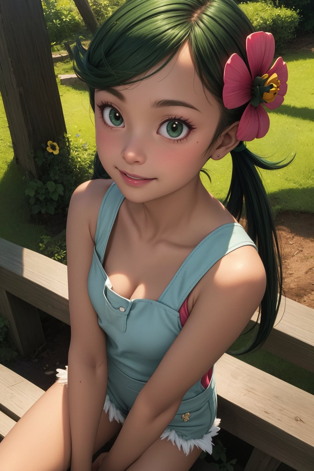 pkmnmallow, 1girl, solo, green eyes, green hair, long hair, low twintails, swept bangs, dark skin, dark-skinned female, green hairband, hair ornament, hair flower, pink flower,pink shirt, bare shoulders, sleeveless, overalls, shorts,smile,closed mouth,cowboy shot,forest,outdoor,(insanely detailed, beautiful detailed face, masterpiece, best quality) cinematic lighting,<lora:PKMN_Mallow_v1:1>, <lora:more_details:0.3>,