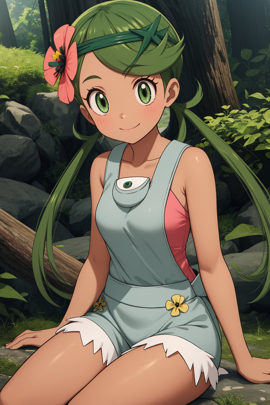 pkmnmallow, 1girl, solo, green eyes, green hair, long hair, low twintails, swept bangs, dark skin, dark-skinned female, green hairband, hair ornament, hair flower, pink flower, pink shirt, bare shoulders, sleeveless, overalls, shorts, smile,closed mouth,cowboy shot,sitting,forest,outdoor,(insanely detailed, beautiful detailed face, masterpiece, best quality) cinematic lighting,<lora:PKMN_Mallow_v1:1>, <lora:more_details:0.3>,