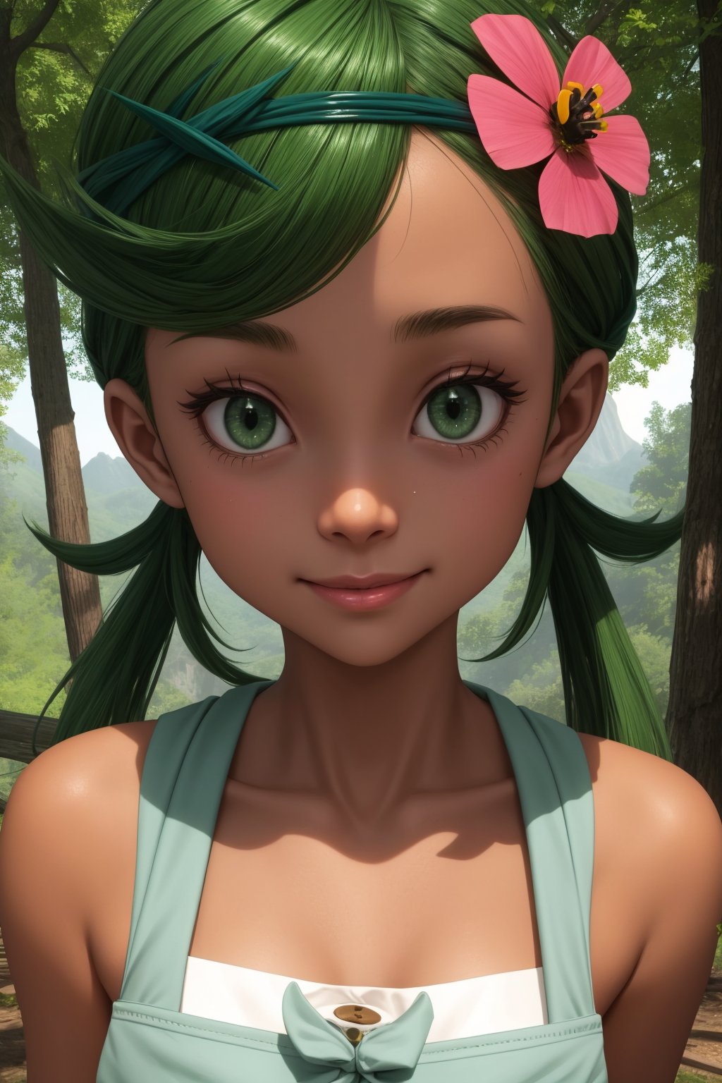 pkmnmallow, 1girl, solo, green eyes, green hair, long hair, low twintails, swept bangs, dark skin, dark-skinned female, green hairband, hair ornament, hair flower, pink flower, pink shirt, bare shoulders, sleeveless, overalls, shorts, smile,closed mouth,cowboy shot,forest,outdoor,(insanely detailed, beautiful detailed face, masterpiece, best quality) cinematic lighting,<lora:PKMN_Mallow_v1:1>, <lora:more_details:0.3>,