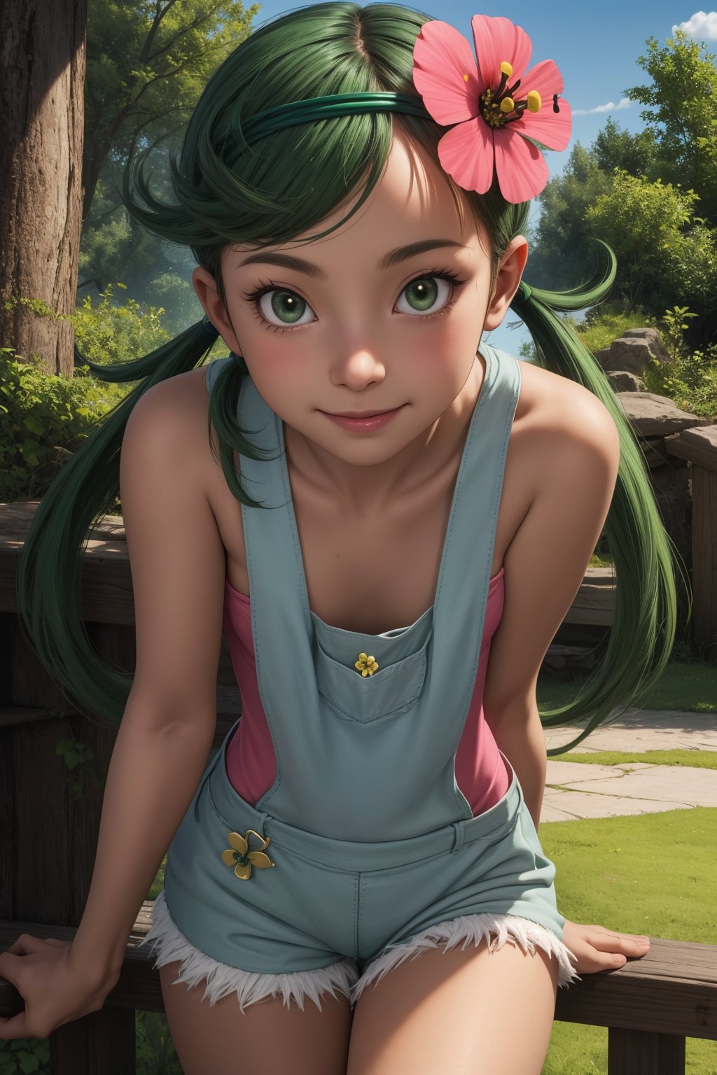 pkmnmallow, 1girl, solo, green eyes, green hair, long hair, low twintails, swept bangs, dark skin, dark-skinned female, green hairband, hair ornament, hair flower, pink flower,pink shirt, bare shoulders, sleeveless, overalls, shorts,smile,closed mouth,cowboy shot,forest,outdoor,(insanely detailed, beautiful detailed face, masterpiece, best quality) cinematic lighting,<lora:PKMN_Mallow_v1:1>, <lora:more_details:0.3>,