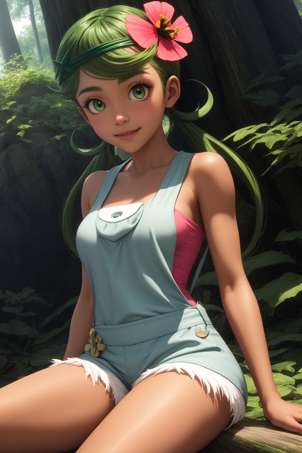 pkmnmallow, 1girl, solo, green eyes, green hair, long hair, low twintails, swept bangs, dark skin, dark-skinned female, green hairband, hair ornament, hair flower, pink flower, pink shirt, bare shoulders, sleeveless, overalls, shorts, smile,closed mouth,cowboy shot,sitting,forest,outdoor,(insanely detailed, beautiful detailed face, masterpiece, best quality) cinematic lighting,<lora:PKMN_Mallow_v1:1>, <lora:more_details:0.3>,