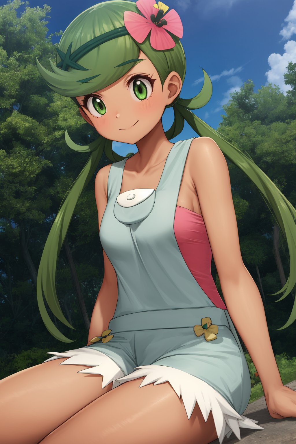 pkmnmallow, 1girl, solo, green eyes, green hair, long hair, low twintails, swept bangs, dark skin, dark-skinned female, green hairband, hair ornament, hair flower, pink flower, pink shirt, bare shoulders, sleeveless, overalls, shorts, smile,closed mouth,cowboy shot,sitting,forest,outdoor,(insanely detailed, beautiful detailed face, masterpiece, best quality) cinematic lighting,<lora:PKMN_Mallow_v1:1>, <lora:more_details:0.3>,