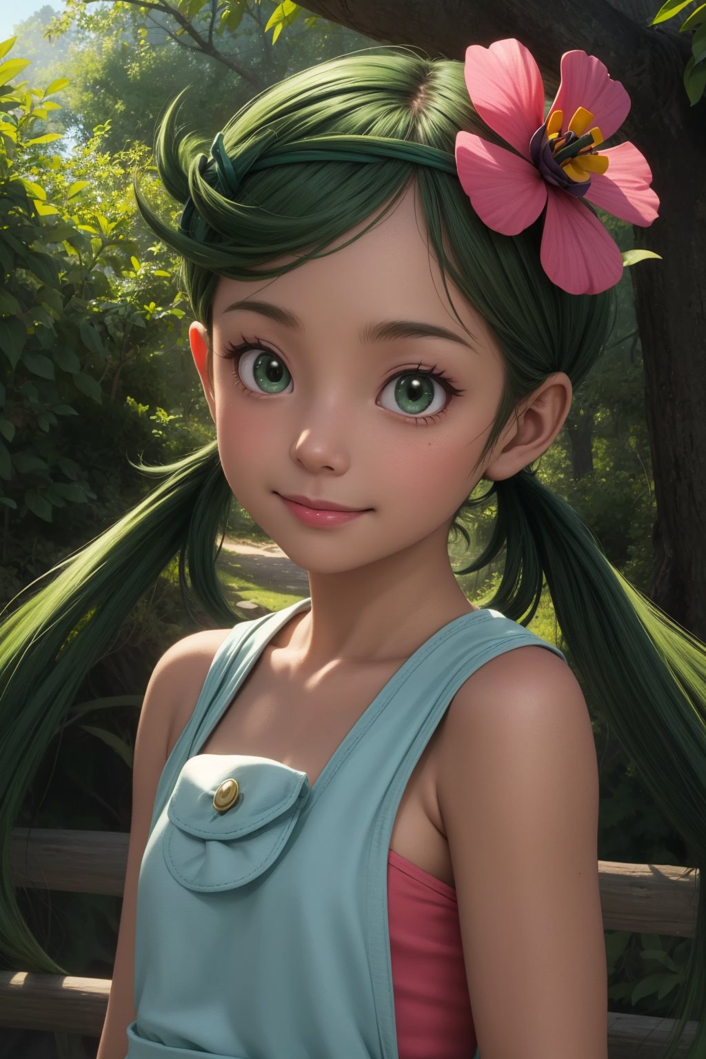 pkmnmallow, 1girl, solo, green eyes, green hair, long hair, low twintails, swept bangs, dark skin, dark-skinned female, green hairband, hair ornament, hair flower, pink flower, pink shirt, bare shoulders, sleeveless, overalls, shorts, smile,closed mouth,cowboy shot,upper body,forest,outdoor,(insanely detailed, beautiful detailed face, masterpiece, best quality) cinematic lighting,<lora:PKMN_Mallow_v1:1>, <lora:more_details:0.3>,