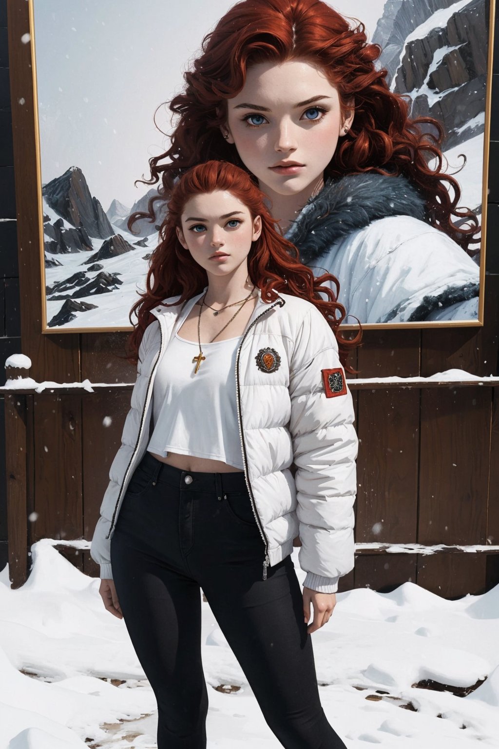 1girl, solo, Ygritte, oil painting, impasto, action scene, looking at viewer, a beautiful young woman, muscular, tomboy, 16 years old, ((long wavy red hair)), blue eyes, glow eyes, tribal necklace, slim, athletic. urban wonter outfit, baggy oufit,  white jacket, a close-up, ((posing epically)) psychedelic winter landscape background, masterpiece, nijistyle, niji, ,sciamano240, soft shading, fantasy, Ygritte