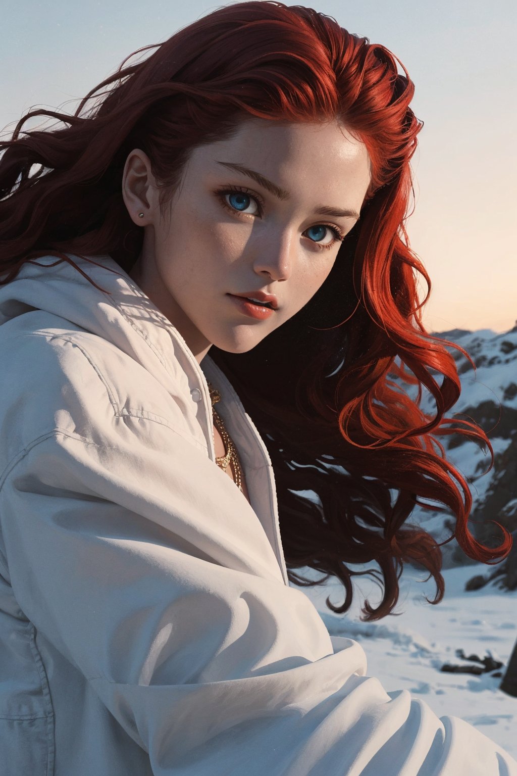 1girl, solo, Ygritte, oil painting, impasto, ((a close-up)), ((action movie scene)), looking at viewer, a beautiful young woman, muscular, tomboy, 16 years old, ((long wavy red hair)), blue eyes, glow eyes, tribal necklace, slim, athletic. urban wonter outfit, baggy oufit,  white jacket, psychedelic winter landscape background, masterpiece, nijistyle, niji, ,sciamano240, soft shading, fantasy, Ygritte