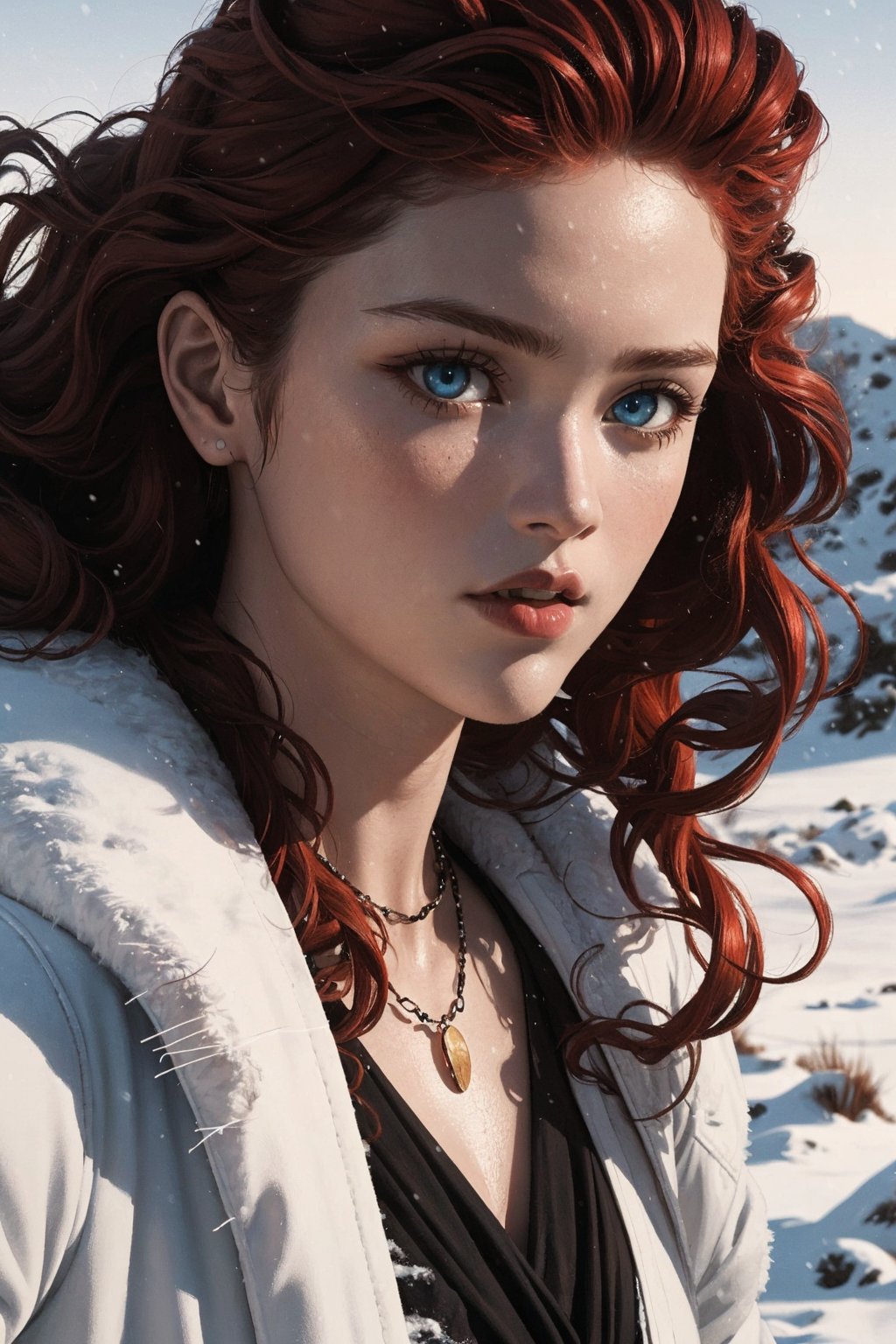 1girl, solo, Ygritte, oil painting, impasto, ((a close-up)), ((action movie scene)), looking at viewer, a beautiful young woman, muscular, tomboy, 24 years old, ((long wavy red hair)), blue eyes, glow eyes, tribal necklace, slim, athletic. huntress winter outfit, white jacket, psychedelic winter landscape background, masterpiece, nijistyle, niji, ,sciamano240, soft shading, fantasy, Ygritte