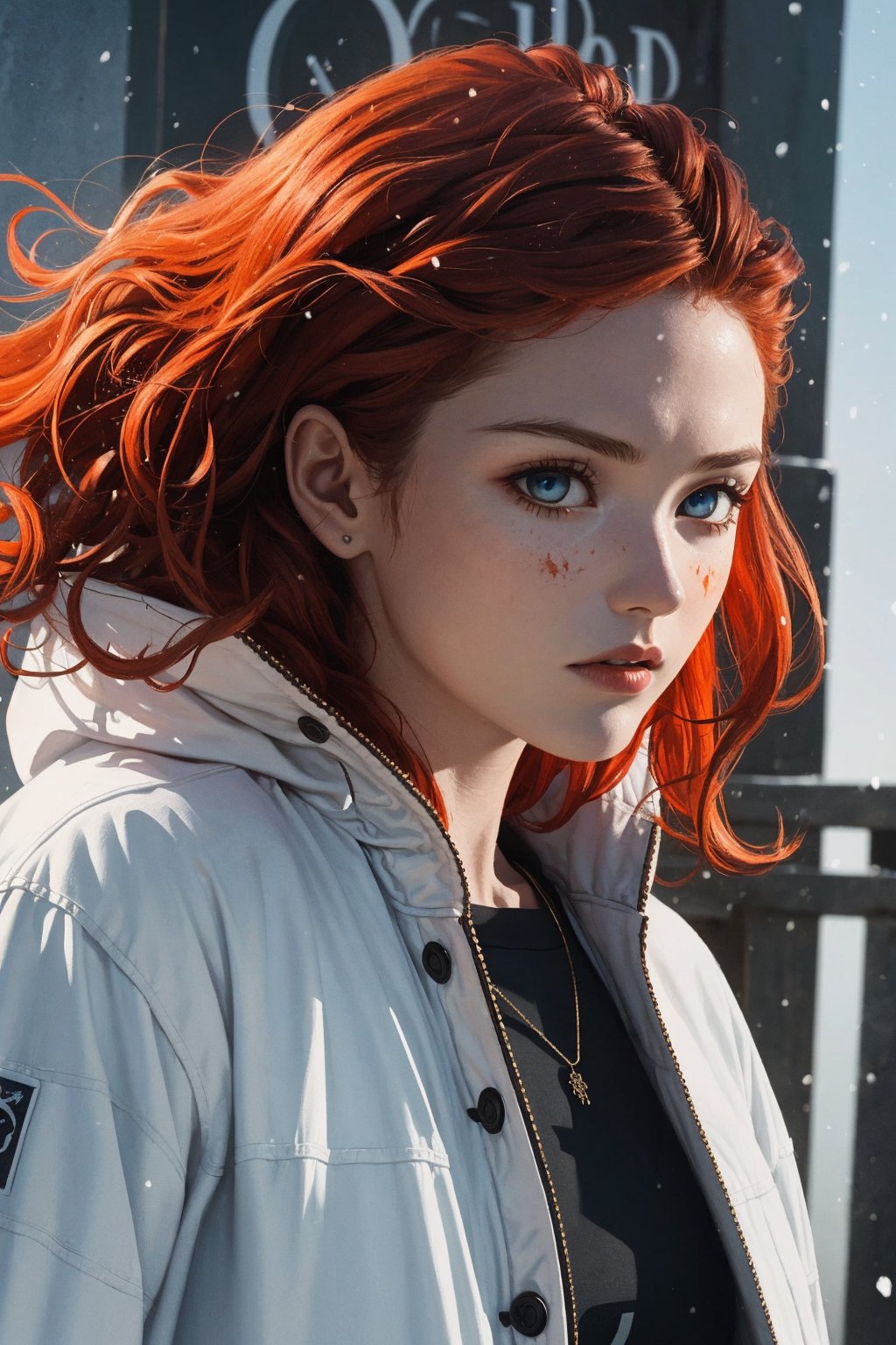 1girl, solo, Ygritte, oil painting, impasto, ((a close-up)), ((action movie scene)), looking at viewer, a beautiful young woman, muscular, tomboy, 16 years old, ((long wavy red hair)), blue eyes, glow eyes, tribal necklace, slim, athletic. urban wonter outfit, baggy oufit,  white jacket, psychedelic winter landscape background, masterpiece, nijistyle, niji, ,sciamano240, soft shading, fantasy, Ygritte