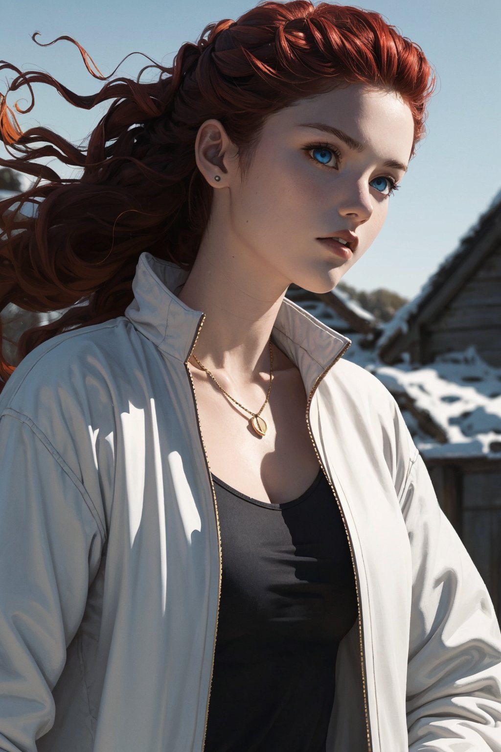 1girl, solo, Ygritte, oil painting, impasto, action scene, looking at viewer, a beautiful young woman, muscular, tomboy, 16 years old, long wavy red hair, blue eyes, glow eyes, tribal necklace, slim, athletic. urban wonter outfit, baggy oufit,  white jacket, a close-up, psychedelic action scene landscape background, masterpiece, nijistyle, niji, ,sciamano240, soft shading, fantasy, Ygritte