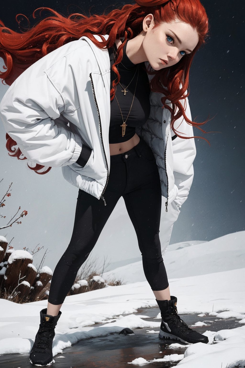 1girl, solo, Ygritte, oil painting, impasto, action scene, looking at viewer, a beautiful young woman, muscular, tomboy, 16 years old, ((long wavy red hair)), blue eyes, glow eyes, tribal necklace, slim, athletic. urban wonter outfit, baggy oufit,  white jacket, a close-up, ((posing epically)) psychedelic winter landscape background, masterpiece, nijistyle, niji, ,sciamano240, soft shading, fantasy, Ygritte