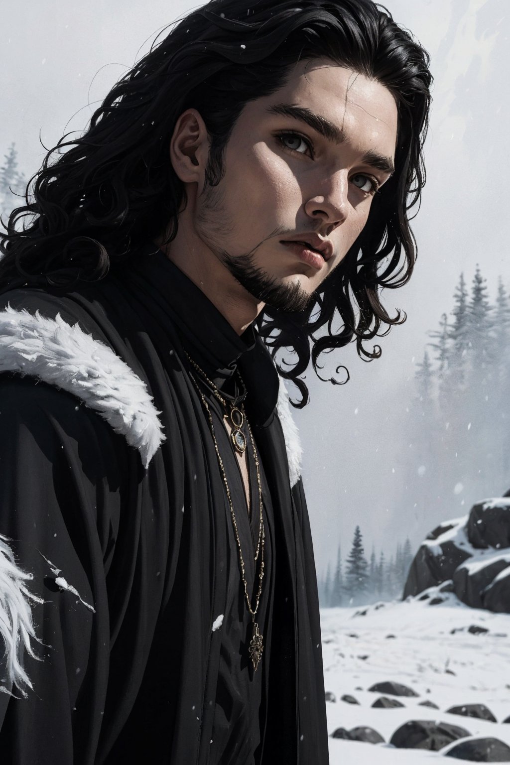 1boy, solo, oil painting, impasto, ((action movie scene)), looking at viewer, a handsome young man, lone wolf, 16 years old, ((long wavy black hair)), grey eyes, tribal necklace, slim, athletic. black warrior outfit, black jacket, psychedelic winter landscape background, a close-up, masterpiece, nijistyle, niji, ,sciamano240, soft shading, fantasy, Jon Snow