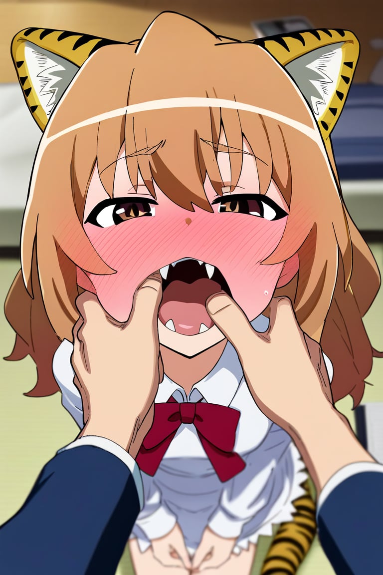 score_9, score_8_up, score_7_up, rating_safe BREAK1girl, aisaka taiga, brown hair, hair between eyes, brown eyes, full face blush, looking away, (tiger:0.8) animal ears, white dress, tail, open mouth, pov, hand on anothers mouth, teeth inspection, (tongue:0.6), fangs, living room