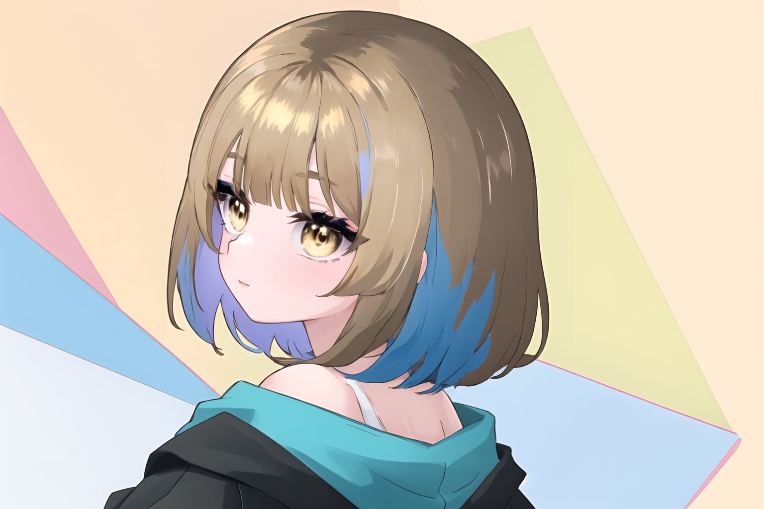 1girl, blonde hair bangs, brown back hair, blue hair, hair of various colors, yellow eyes, KaZumiMei