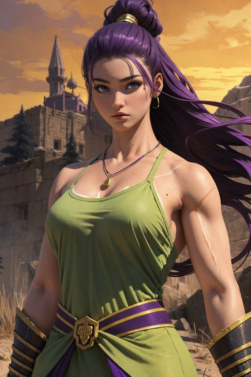 1girl, solo, Tania, oil painting, impasto, action scene, looking at viewer, a woman with 22 years old, muscular, muscular female, tomboy, ((tanned skin)), scars on the face, ((long purple hair)), blue eyes, tribal necklace. yellow, green. amazon warrior outfit, armor outfit, big breasts, psychedelic war zone landscape background, masterpiece, nijistyle, niji, ,sciamano240, soft shading, fantasy, 1girl, Tania