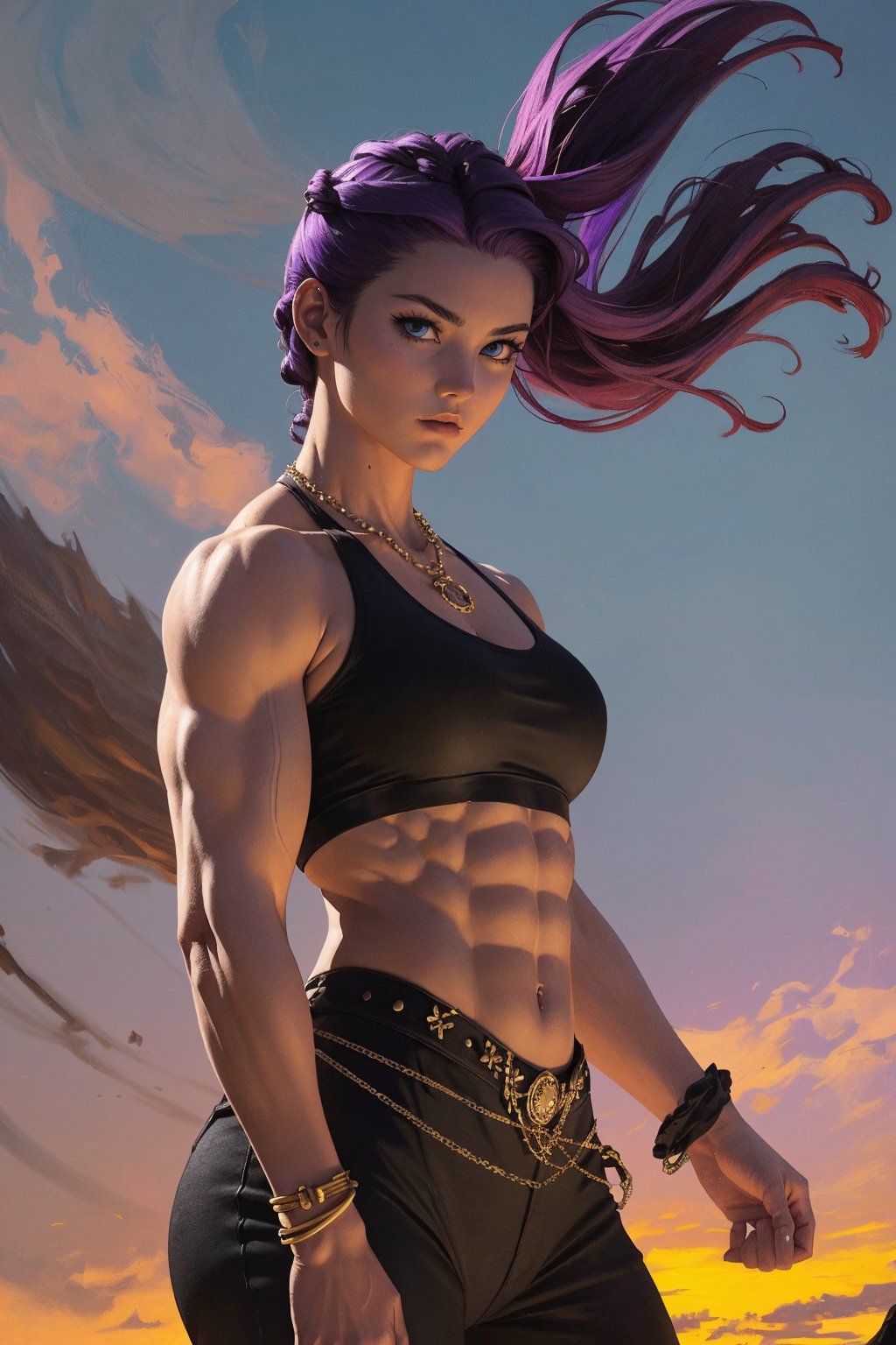1girl, solo, Tania, oil painting, impasto, action scene, looking at viewer, a beautiful young woman, muscular, muscular female, tomboy, tanned skin, 22 years old, ((long purple hair)), blue eyes, tribal necklace. amazon warrior outfit, psychedelic war zone landscape background, masterpiece, nijistyle, niji, ,sciamano240, soft shading, fantasy, 1girl, Tania