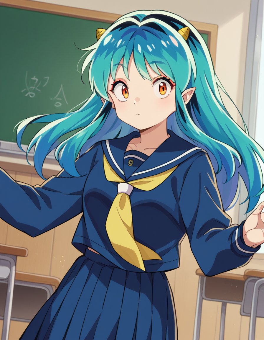 score_9, score_8_up, score_7_up, source_anime,uruseiyatsuralum, <lora:lum-ponyxl-lora-nochekaiser:1>,lum, long hair, bangs, blue hair, orange eyes, horns, pointy ears, aqua hair, oni horns, eyeshadow,shirt, long sleeves, school uniform, serafuku, sailor collar, neckerchief, yellow neckerchief, shirt, blue shirt, blue sailor collar, blue skirt,indoors, classroom, flying,looking at viewer, cowboy shot, dutch angle,