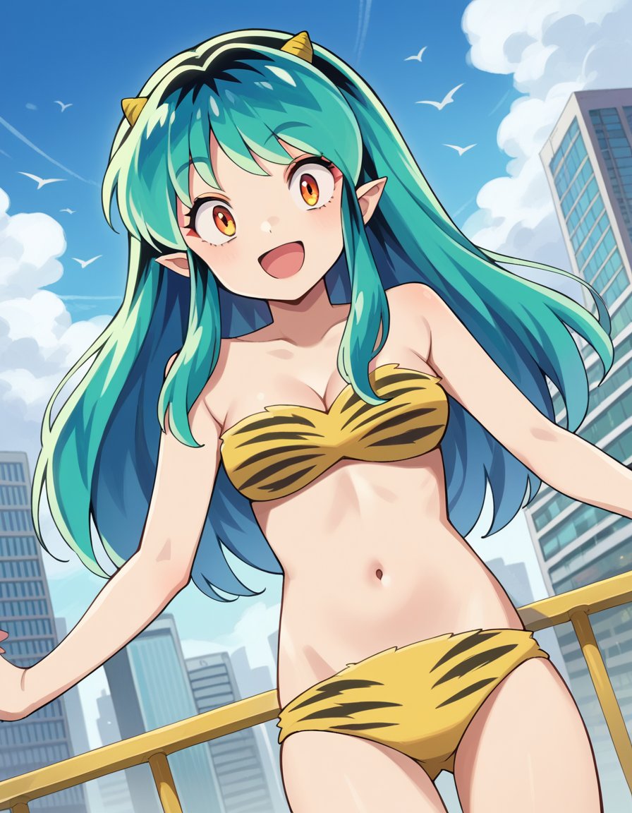 score_9, score_8_up, score_7_up, source_anime,uruseiyatsuralum, <lora:lum-ponyxl-lora-nochekaiser:1>,lum, long hair, bangs, blue hair, orange eyes, horns, pointy ears, aqua hair, oni horns, eyeshadow,navel, cleavage, swimsuit, bikini, strapless, animal print, yellow bikini, tiger print, strapless bikini,outdoors, cityscape, flying, smile, open mouth,looking at viewer, cowboy shot, dutch angle,