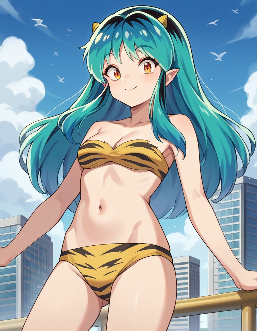 score_9, score_8_up, score_7_up, source_anime,uruseiyatsuralum, <lora:lum-ponyxl-lora-nochekaiser:1>,lum, long hair, bangs, blue hair, orange eyes, horns, pointy ears, aqua hair, oni horns, eyeshadow,navel, cleavage, swimsuit, bikini, strapless, animal print, yellow bikini, tiger print, strapless bikini,outdoors, cityscape, flying, smile,looking at viewer, cowboy shot, dutch angle,