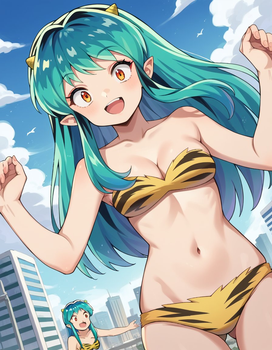 score_9, score_8_up, score_7_up, source_anime,uruseiyatsuralum, <lora:lum-ponyxl-lora-nochekaiser:1>,lum, long hair, bangs, blue hair, orange eyes, horns, pointy ears, aqua hair, oni horns, eyeshadow,navel, cleavage, swimsuit, bikini, strapless, animal print, yellow bikini, tiger print, strapless bikini,outdoors, cityscape, flying, smile, open mouth,looking at viewer, cowboy shot, dutch angle,