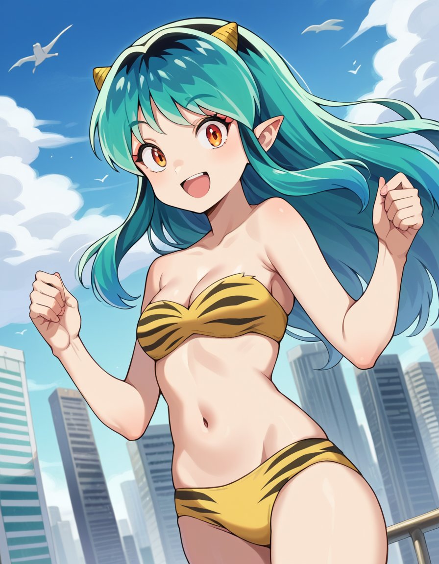 score_9, score_8_up, score_7_up, source_anime,uruseiyatsuralum, <lora:lum-ponyxl-lora-nochekaiser:1>,lum, long hair, bangs, blue hair, orange eyes, horns, pointy ears, aqua hair, oni horns, eyeshadow,navel, cleavage, swimsuit, bikini, strapless, animal print, yellow bikini, tiger print, strapless bikini,outdoors, cityscape, flying, smile, open mouth,looking at viewer, cowboy shot, dutch angle,