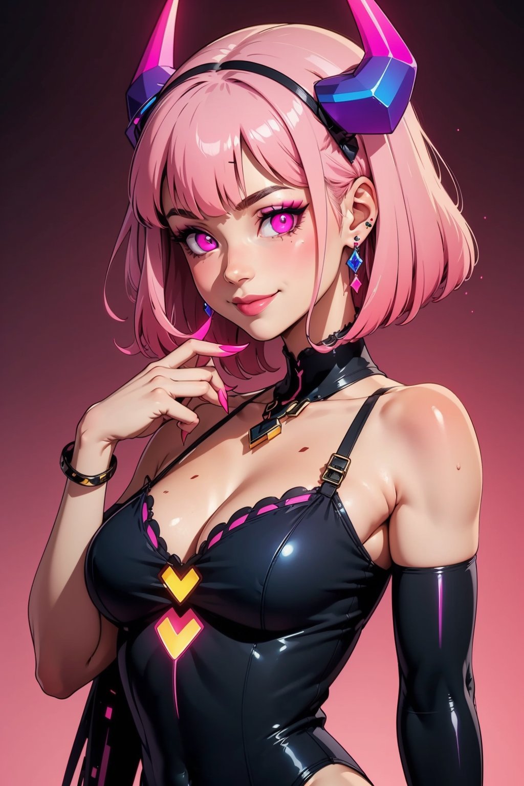 1girl, solo, breasts, looking at viewer, smile, bangs, cleavage, bare shoulders, jewelry, medium breasts, upper body, pink hair, earrings, horns, hand up, medium hair, pink eyes, official alternate costume, gradient, gradient background, glowing, colored skin, glowing eyes, claws, colored sclera