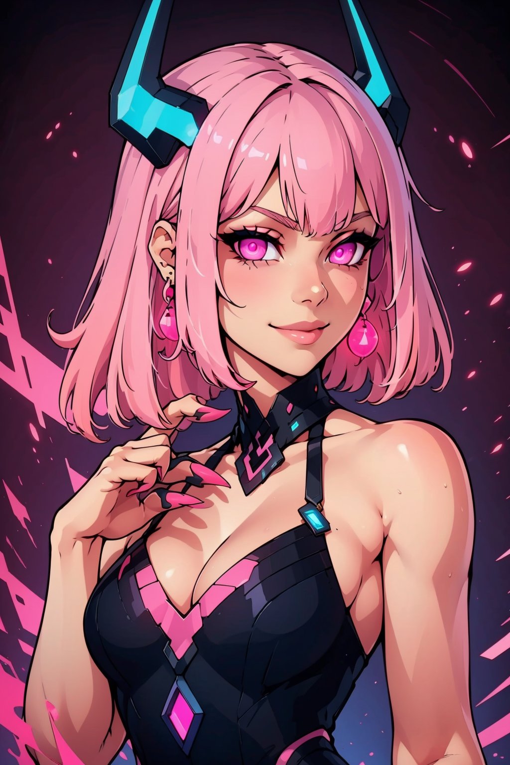 1girl, solo, breasts, looking at viewer, smile, bangs, cleavage, bare shoulders, jewelry, medium breasts, upper body, pink hair, earrings, horns, hand up, medium hair, pink eyes, official alternate costume, gradient, gradient background, glowing, colored skin, glowing eyes, claws, colored sclera