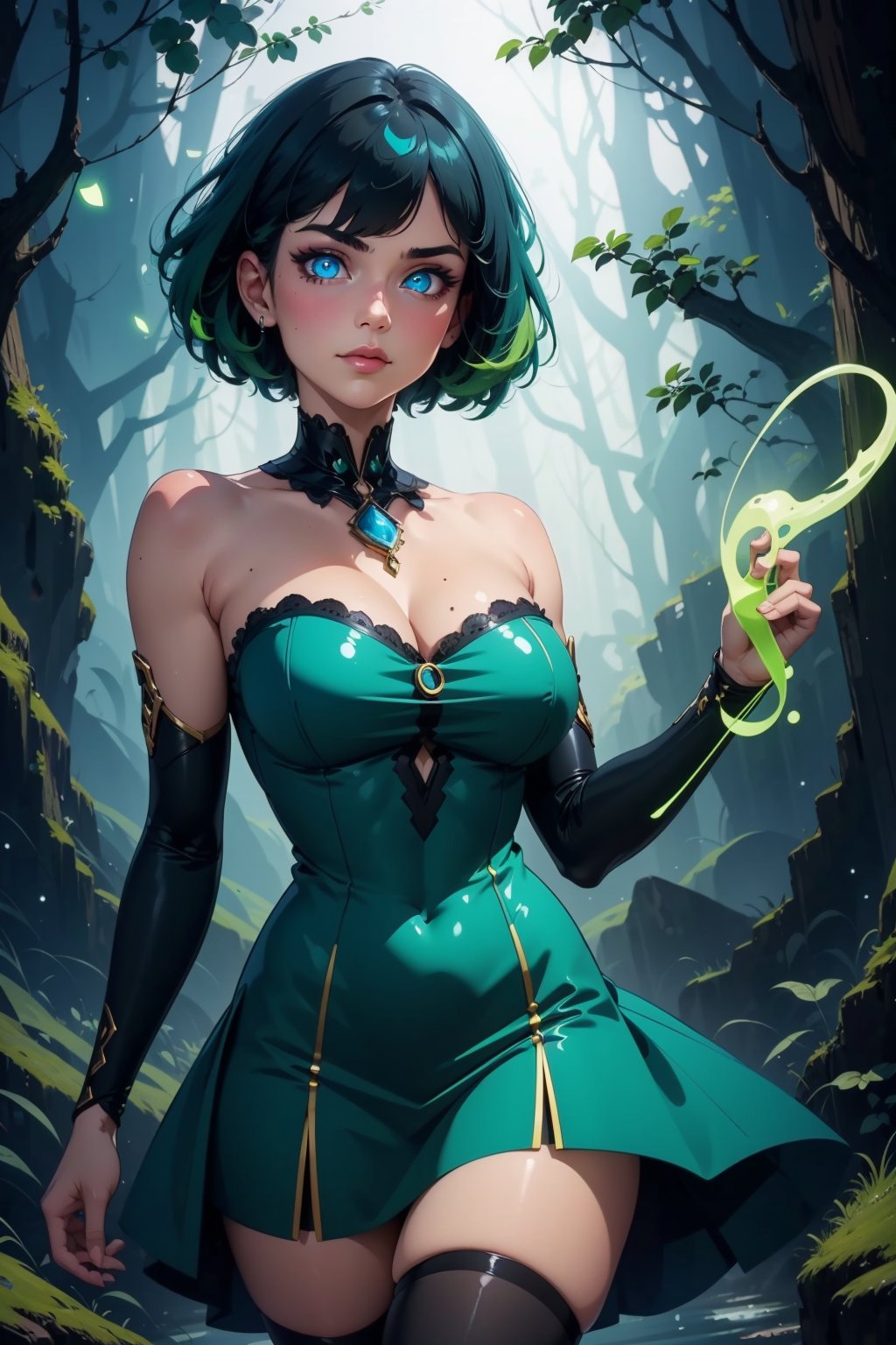 1girl, solo, breasts, looking at viewer, short hair, blue eyes, large breasts, black hair, thighhighs, dress, bare shoulders, green eyes, outdoors, detached sleeves, green hair, blue dress, glowing, glowing eyes, magic