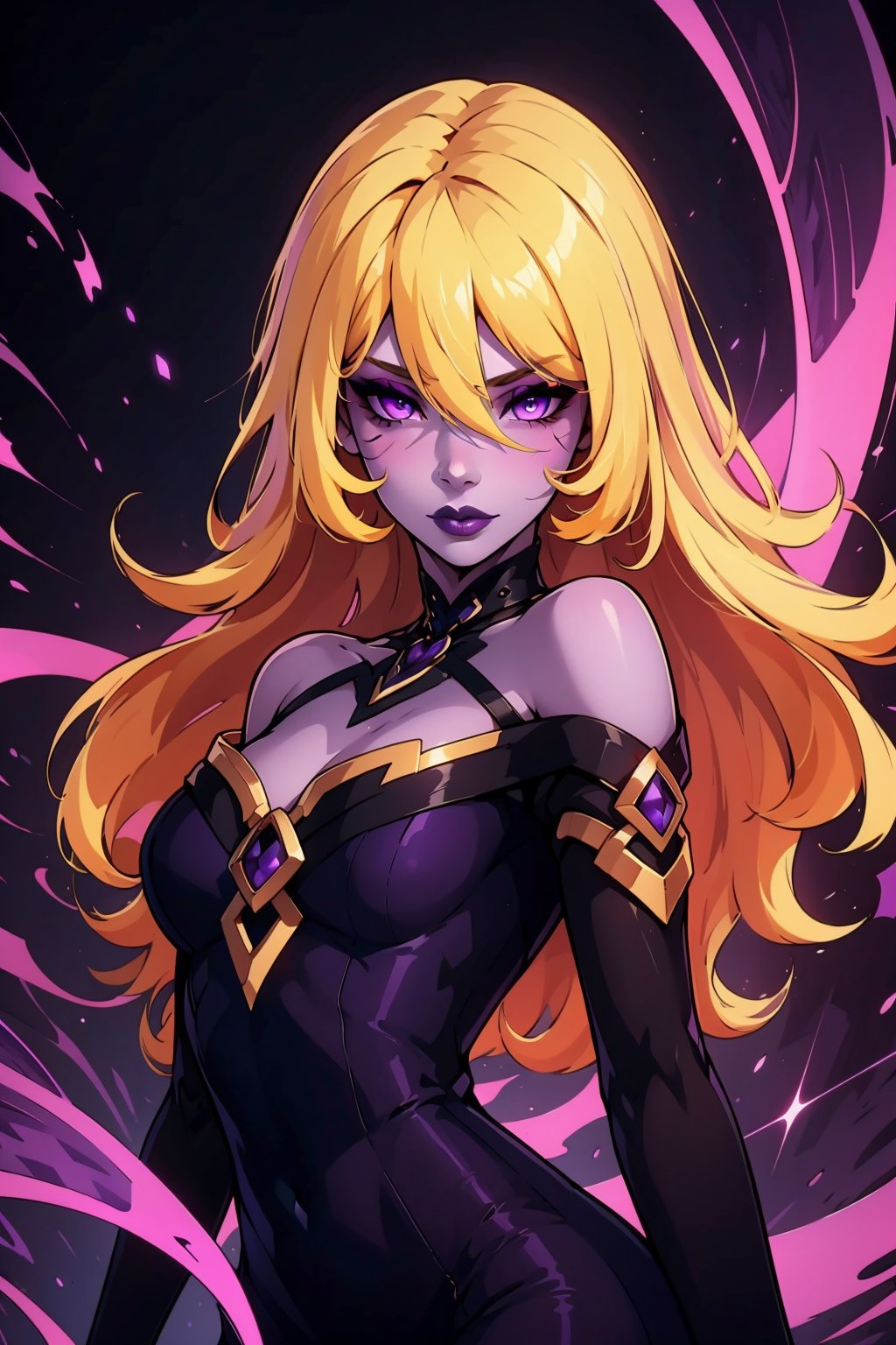 1girl, solo, long hair, breasts, looking at viewer, bangs, blonde hair, gloves, dress, hair between eyes, bare shoulders, closed mouth, purple eyes, upper body, black dress, makeup, colored skin, purple dress, purple nails, magic, purple skin, purple lips