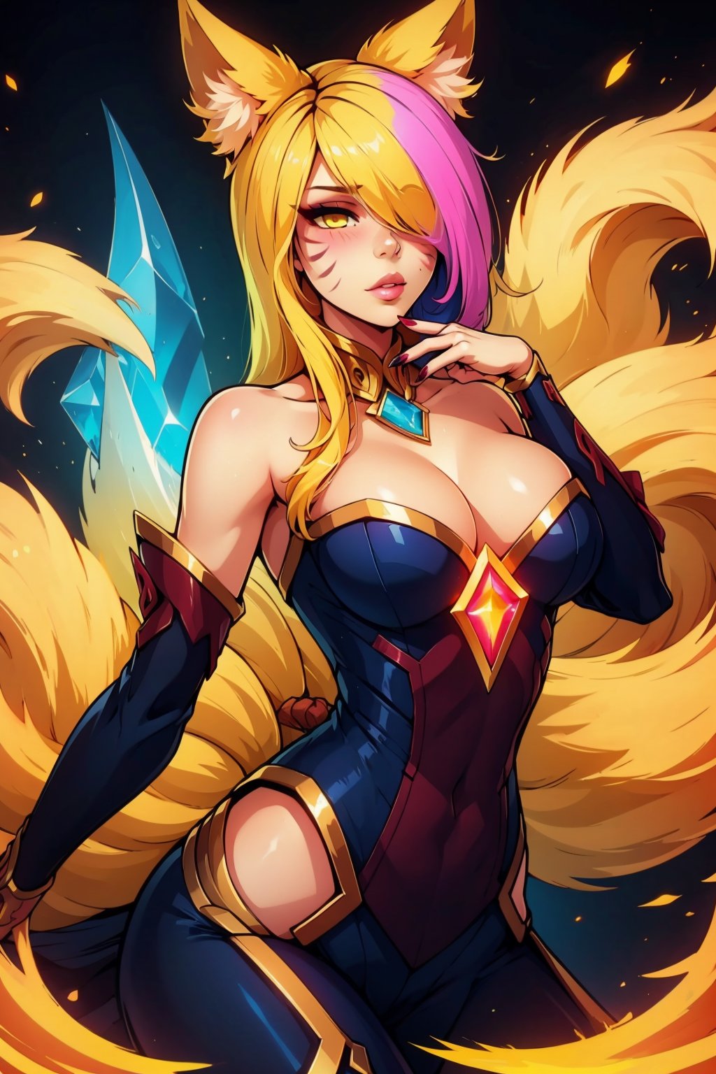 1girl, solo, long hair, breasts, bangs, blonde hair, large breasts, animal ears, cleavage, bare shoulders, tail, yellow eyes, multicolored hair, parted lips, detached sleeves, hair over one eye, fingernails, fox ears, makeup, fox tail, facial mark, gem, long fingernails, sharp fingernails, magic, ahri \(league of legends\)