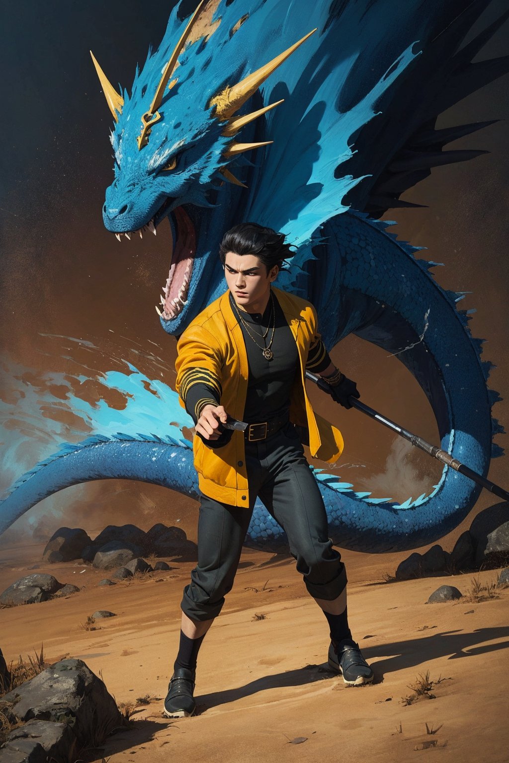 1boy, solo, Bastion Misawa, oil painting, impasto, ((action movie scene)), looking at viewer, a handsome young man, sea dragon, blue dragon, 16 years old. short black hair, combed back haircut, grey eyes, tribal necklace, slim, athletic. black warrior outfit, yellow jacket, psychedelic landscape background, a close-up, masterpiece, nijistyle, niji, ,sciamano240, soft shading, fantasy, 1boy, Bastion Misawa