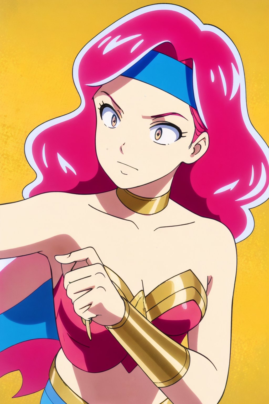 best quality, 1woman, pretty face, wonder woman, (lasso in hand:1.4), pink hair, blue headband, gold choker, Urusei Yatsura, Ran’s Mom, <lora:Ran_Mom-000004:0.6>,fighting background