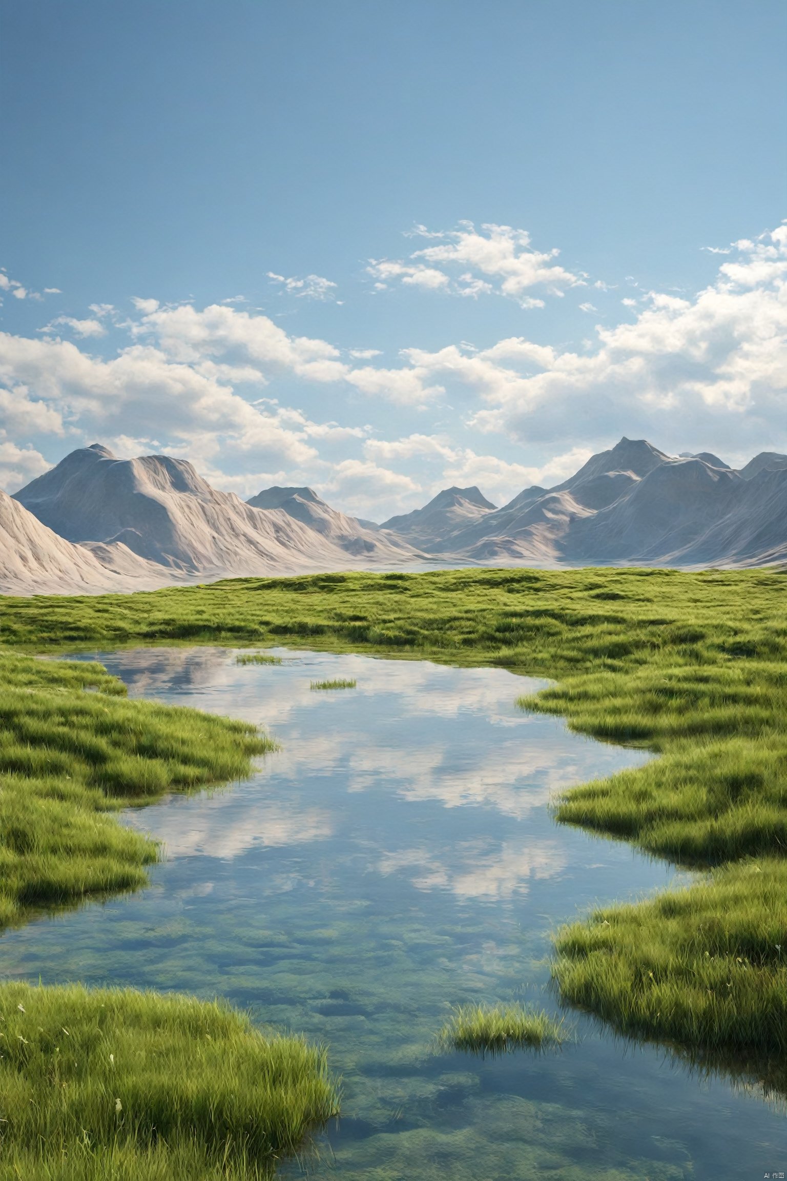 outdoors, sky, day, cloud, water, tree, blue sky, no humans, cloudy sky, grass, scenery, reflection, mountain, river, landscape, lake<lora:EMS-328047-EMS:0.800000>