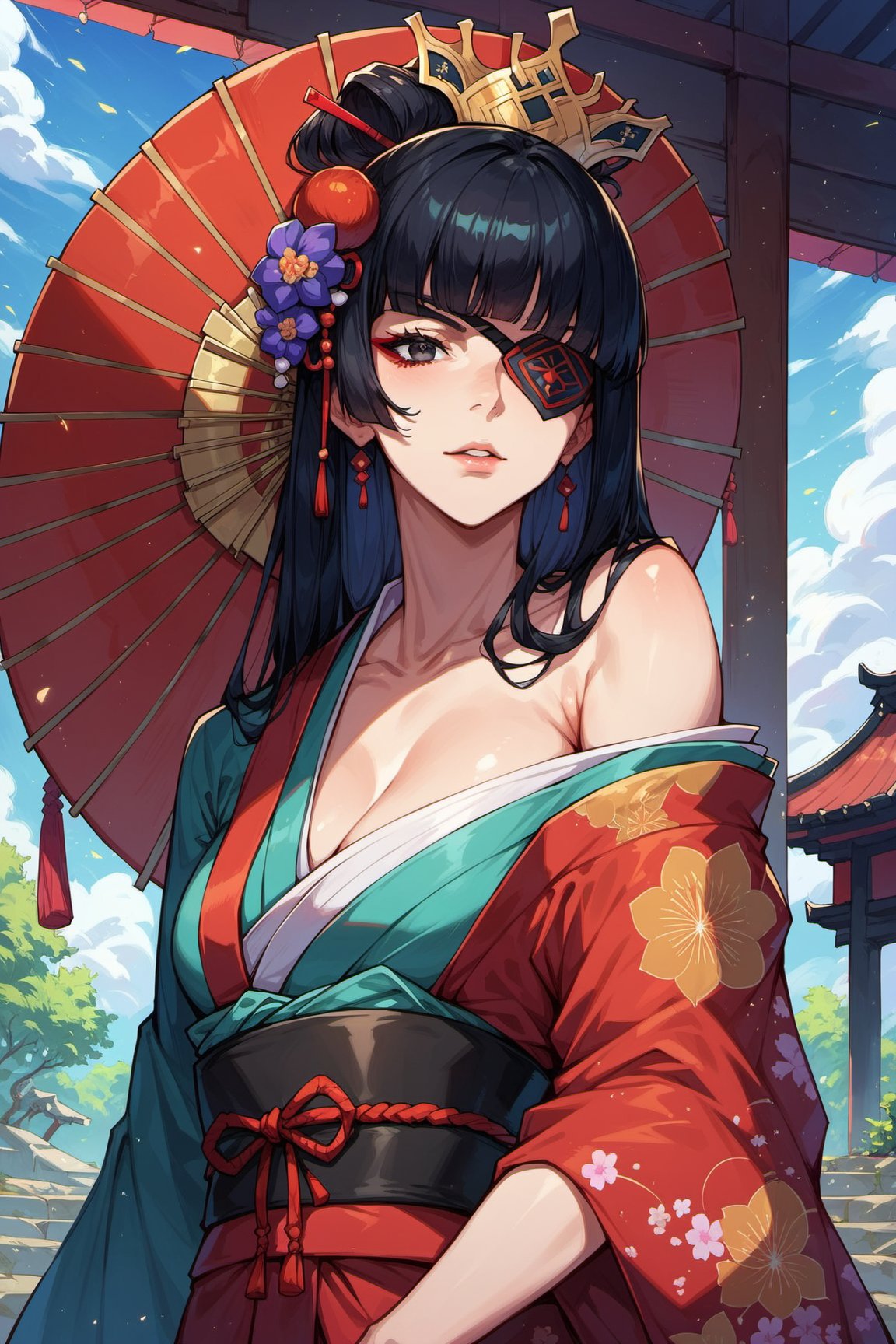 score_9, score_8_up, score_7_up,1girl, Japanese queen, hair ornaments, black hair, blunt_bangs, black eye patch, kimono, one shoulder off, looking at viewer, outdoors, KA,