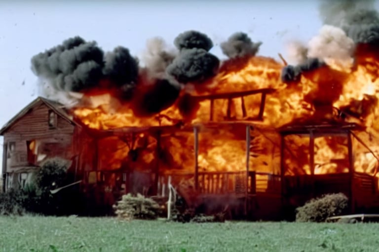 (m0vieexpl0sion), film still of a house, (small explosion:0.7), flying debris, best picture, best quality, UHD, oscar winner