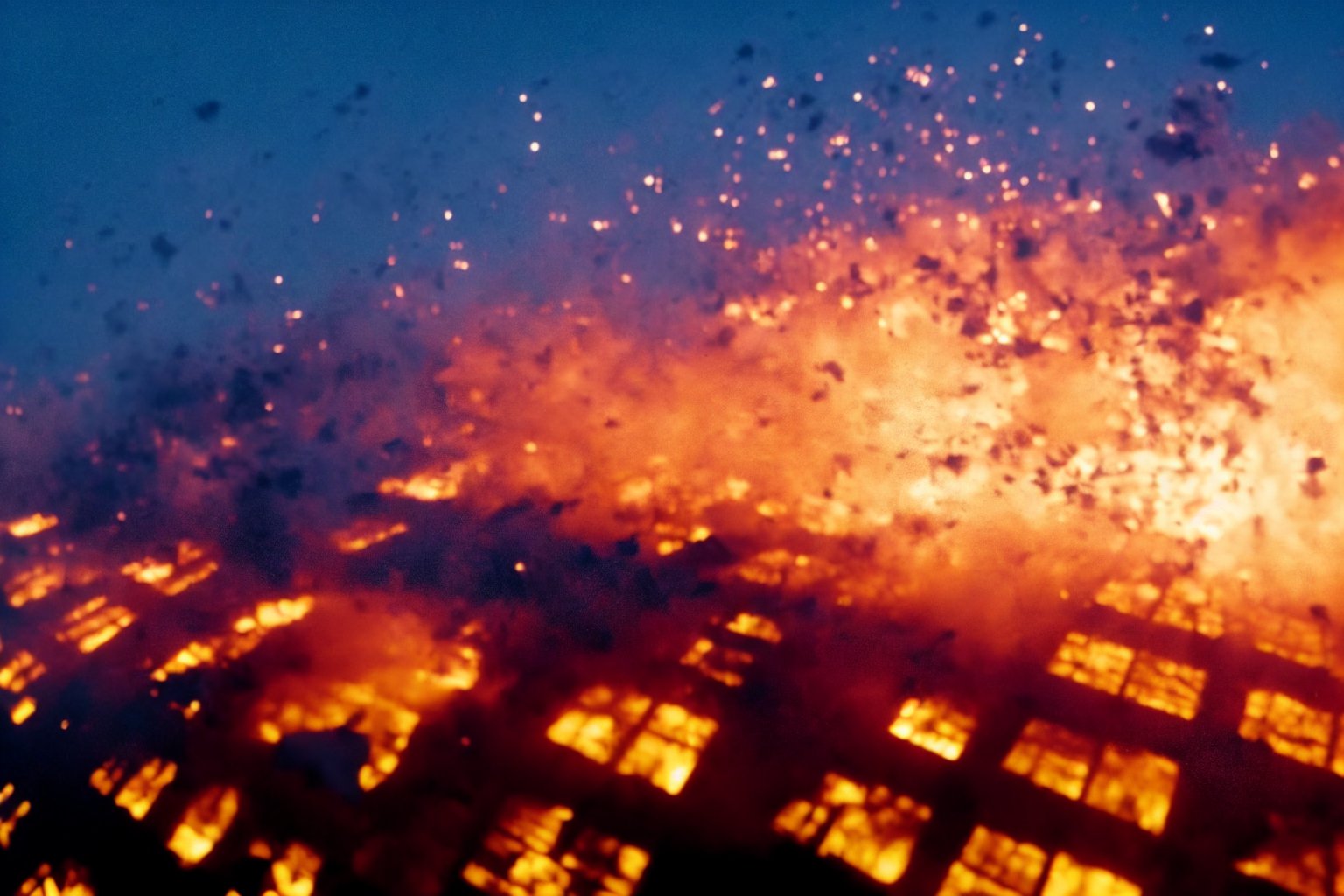 (m0vieexpl0sion), film still of a skyscraper, (explosion:0.7), far view, city, flying debris, best picture, best quality, UHD, oscar winner