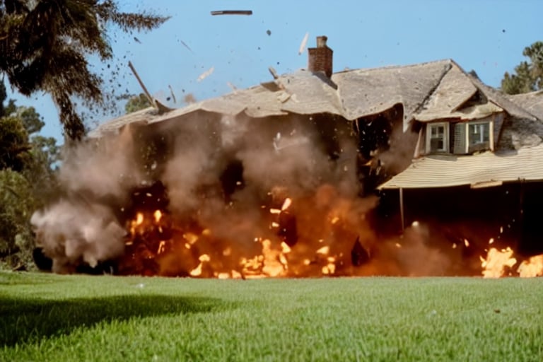 (m0vieexpl0sion), film still of a house, (small explosion:0.7), tree, driveway, flying debris, best picture, best quality, UHD, oscar winner