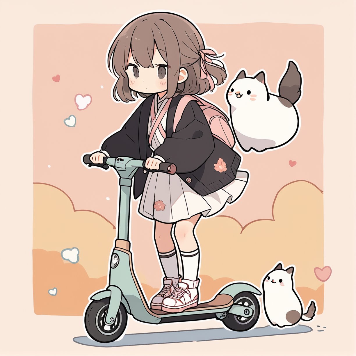 girl riding a kickscooter,cute illustration, kawaii, masterpiece, best quality, aesthetic 