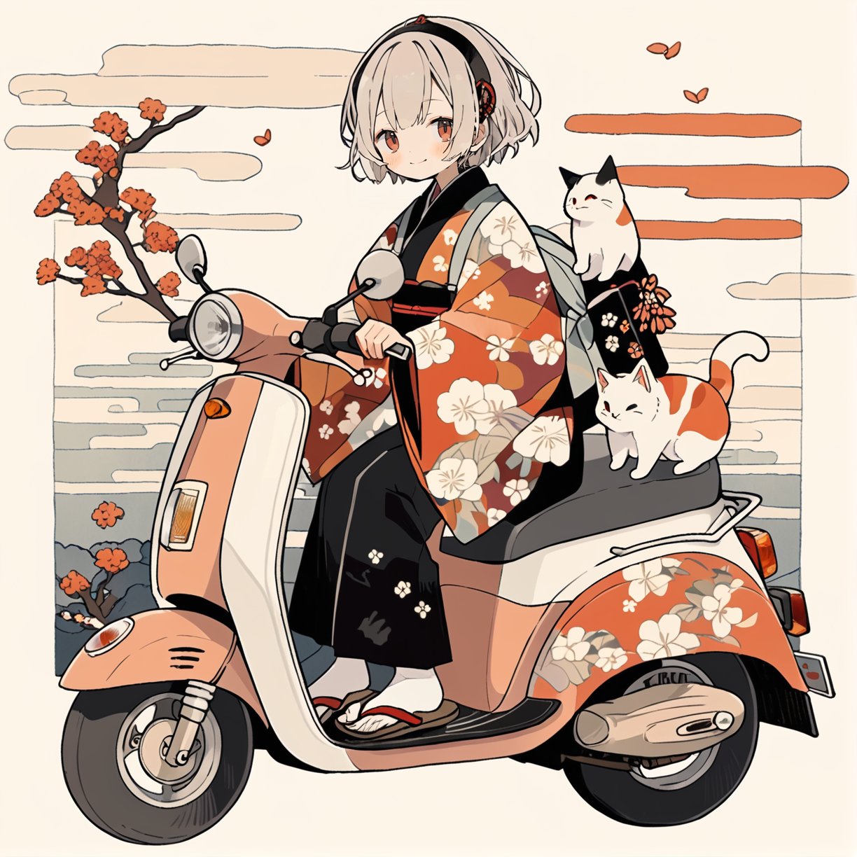 scooter, 1girl, kimono, cat, japanese clothes, ground vehicle, solo, short hair, motor vehicle, red eyes, bag, looking at viewer, floral print, egasumi, red kimono, bangs, obi, sitting, sandals, flower, closed mouth, long sleeves, wide sleeves, smile, hairband, sash, grey hair, backpack, full body, print kimono, branch, white hair, masterpiece, best quality, aesthetic 