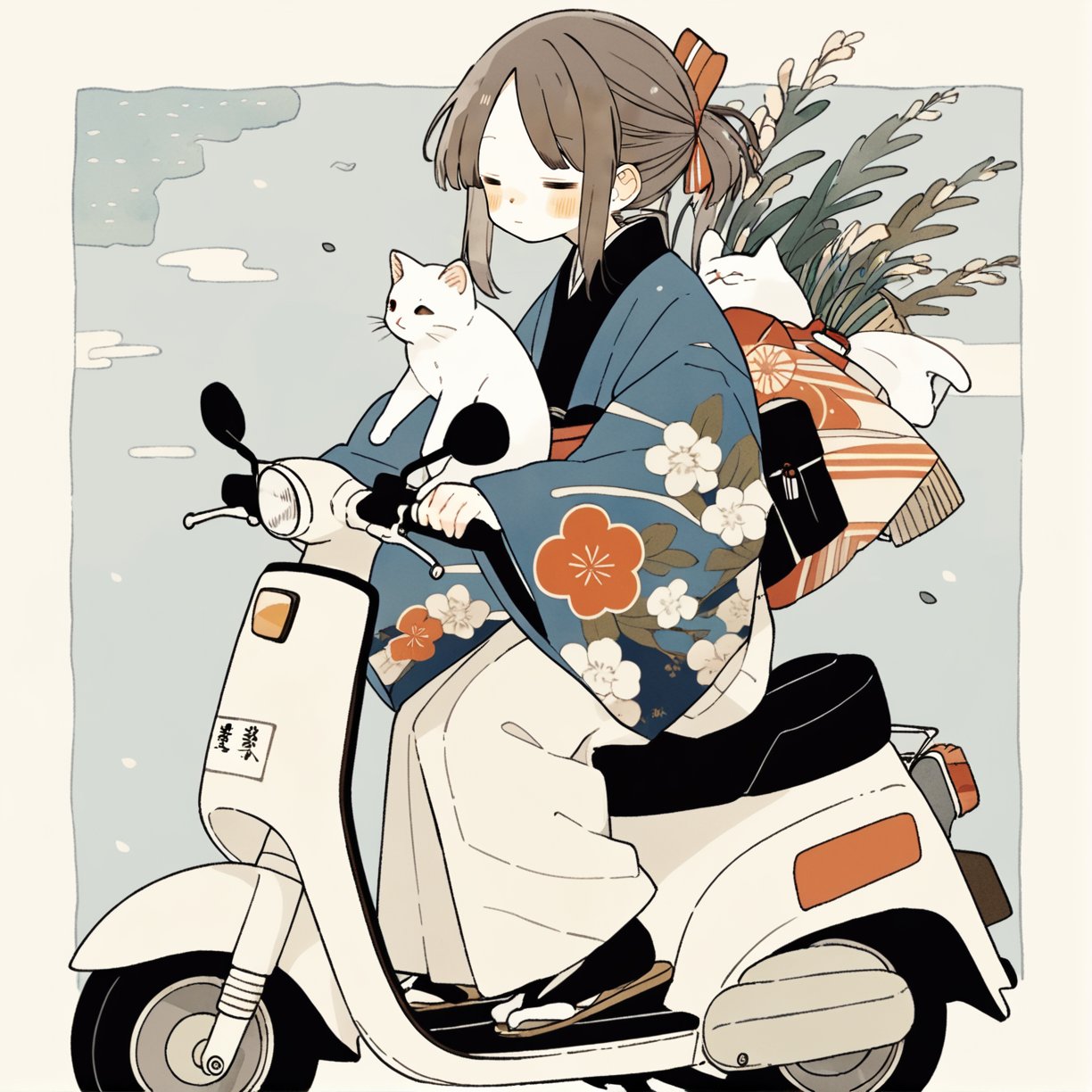 1girl, cat, scooter, ground vehicle, motor vehicle, japanese clothes, white cat, closed eyes, kimono, solo, sitting, blush, floral print, skirt, brown hair, flower, long sleeves, blue kimono, bag, sidelocks, hakama, wide sleeves, ribbon, hair ribbon, short ponytail, closed mouth, animal, bangs, ukiyo-e background, masterpiece, best quality, aesthetic 